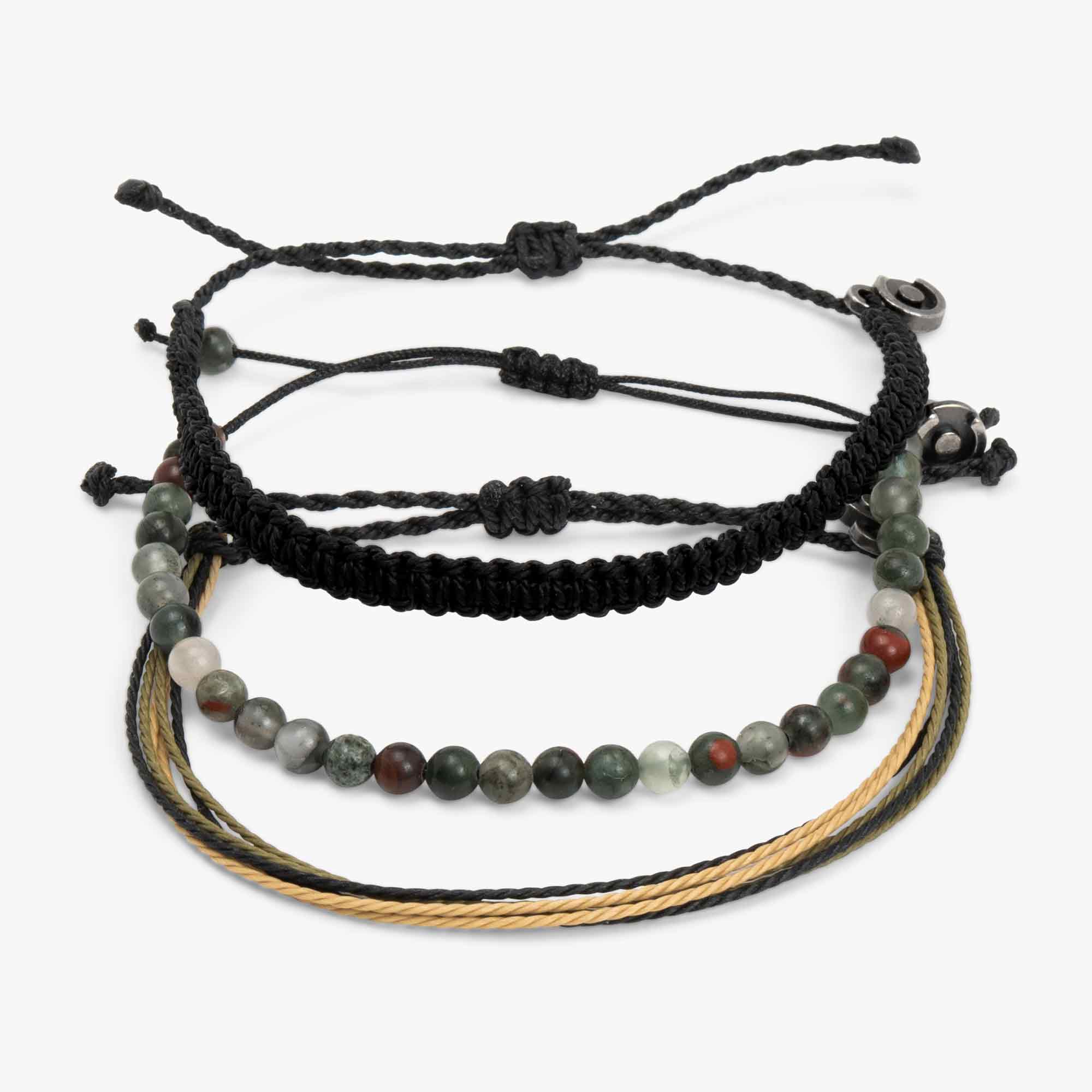 A set of three African Bloodstone gemstone bracelets with black, green, and brown colors, made of natural gemstones and wax-coated polyester, displayed against a white background.