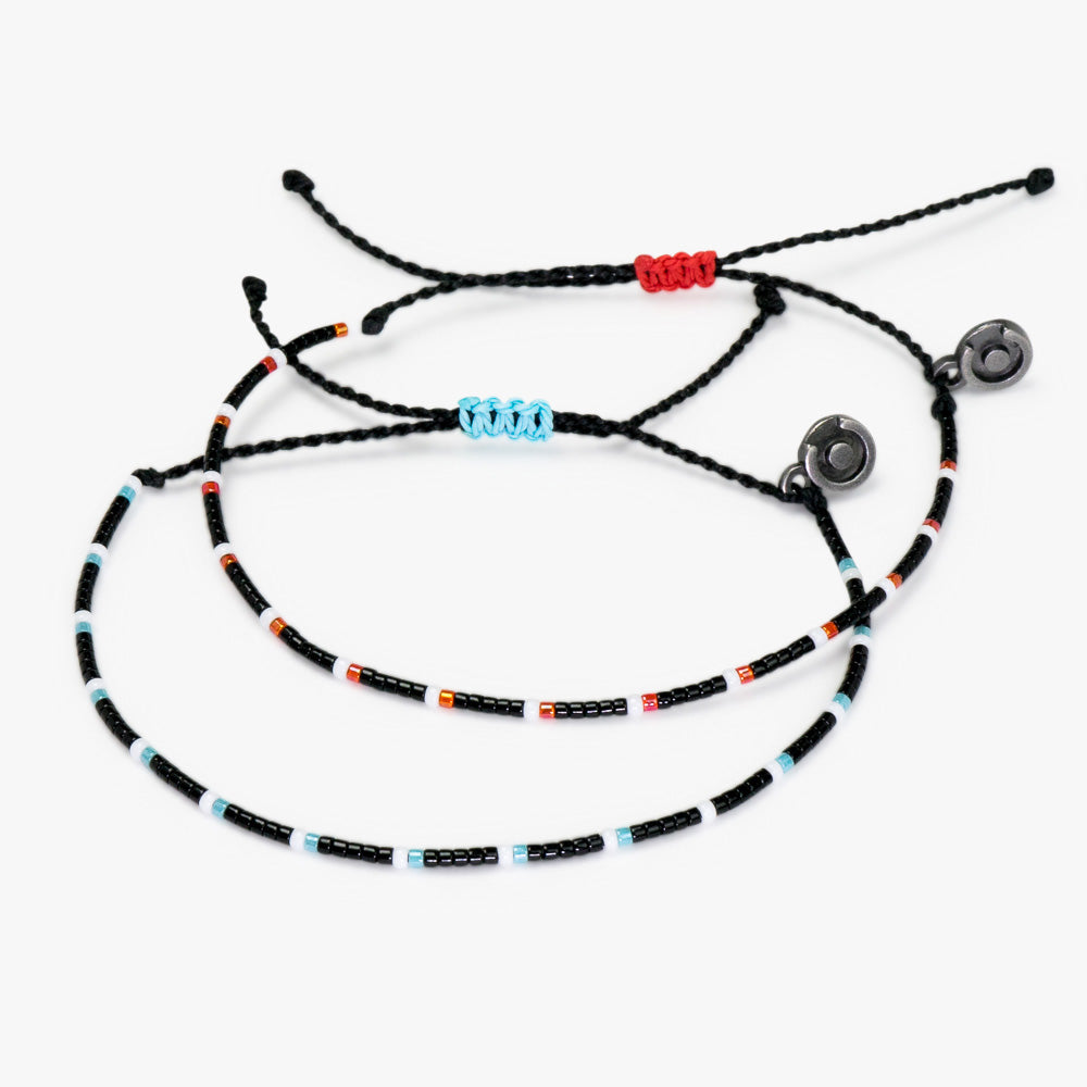 Two men's beaded bracelets with a mix of colorful and dark beads, and a Chibuntu power pose.