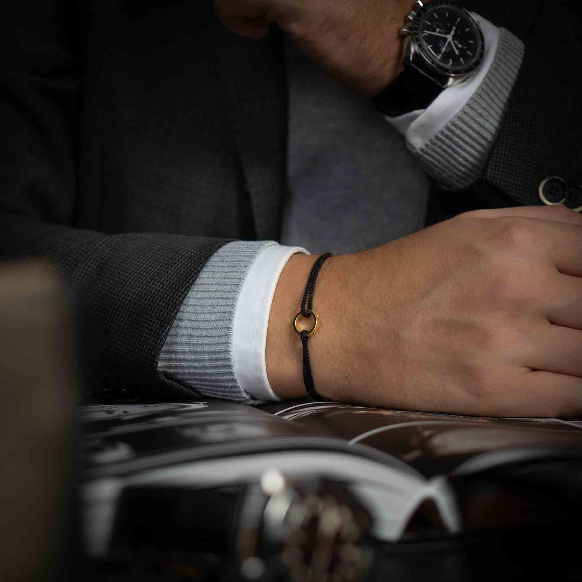 mens 14k gold ring bracelet on black thread