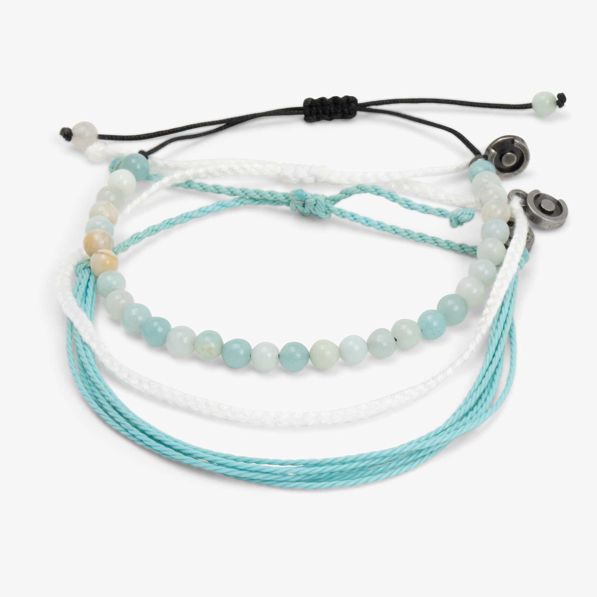 A set of three bracelets with amazonite stones and wax-coated polyester, featuring adjustable black cords and silver-tone charms.