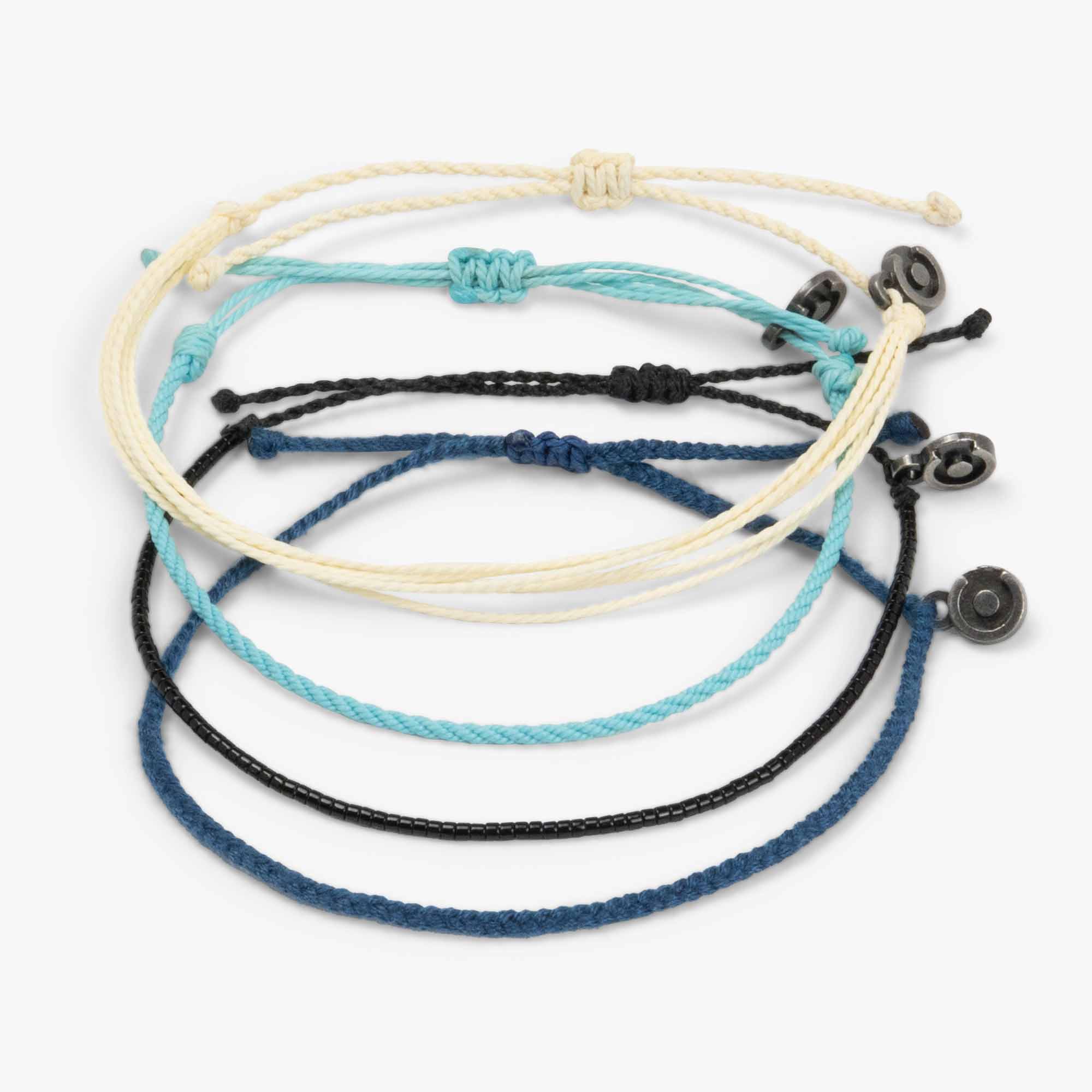 A pack of four bracelets in off-white, blue, and black colors with wax-coated polyester and Miyuki beads, displayed on a white background.