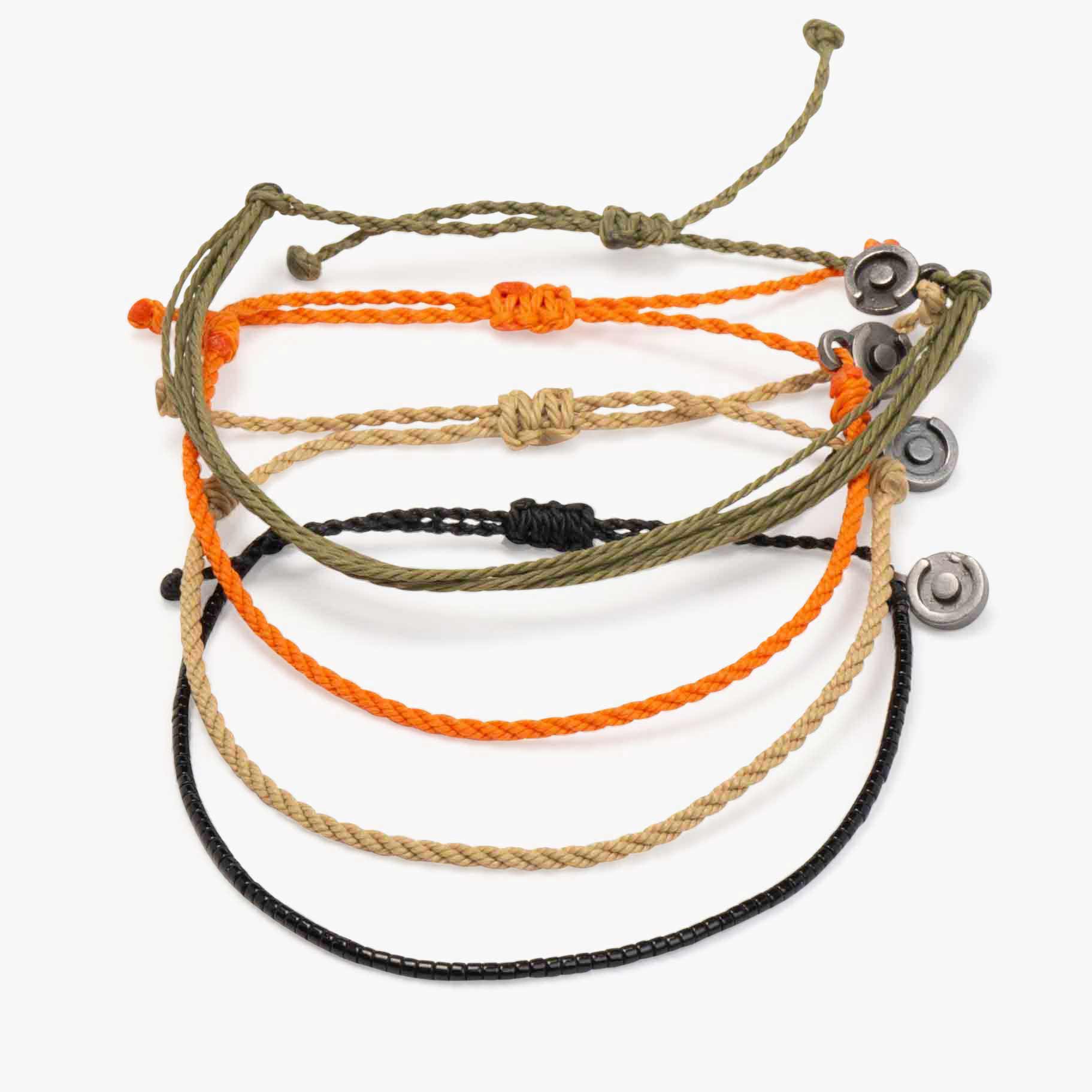 A collection of five wax-coated polyester bracelets in beige, black, green, orange, and brown colors, some with beaded accents and a gunmetal charm, all displayed together.