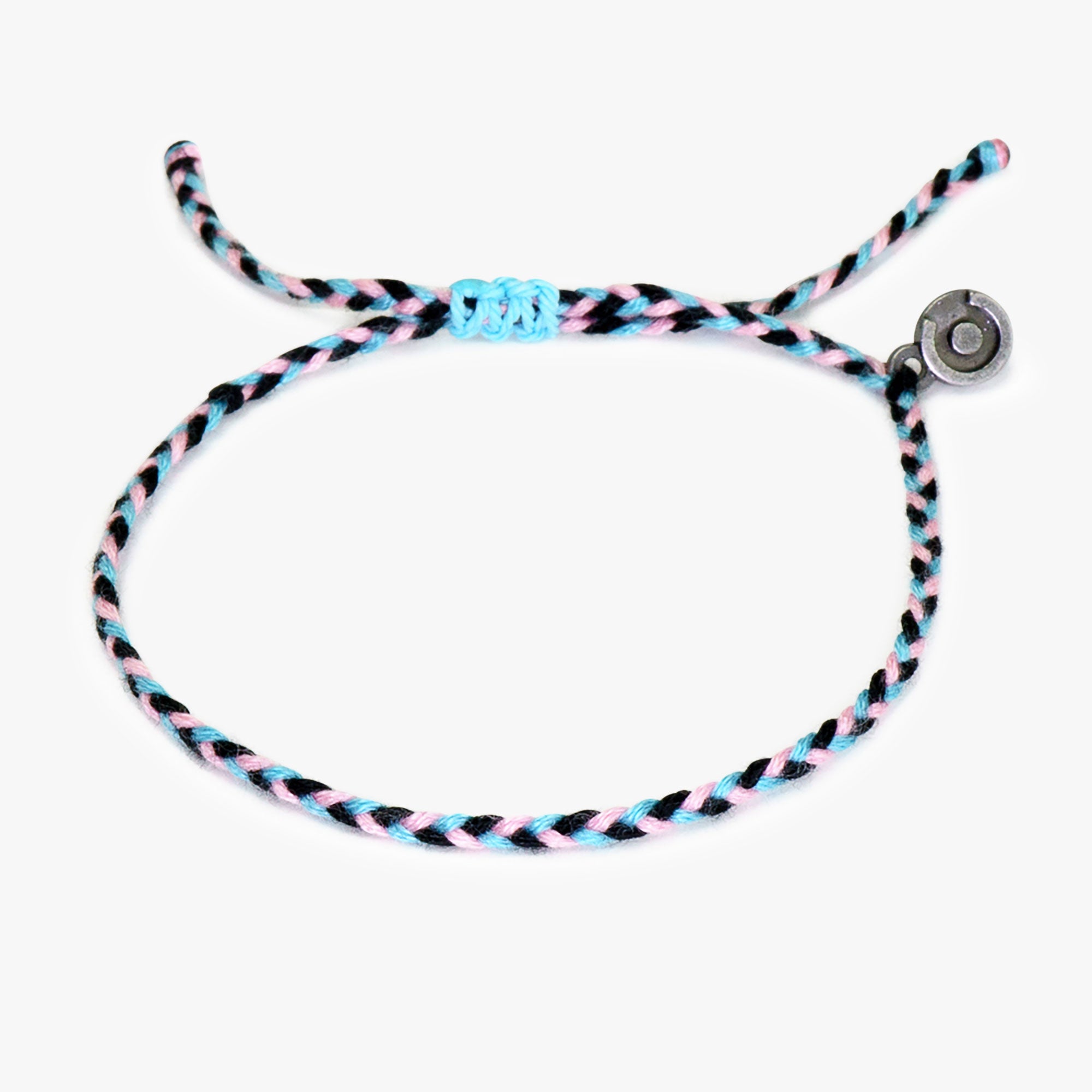 A multicolored polyester bracelet with a gunmetal power pose charm, featuring girly pink, boyish blue, and bold black colors.