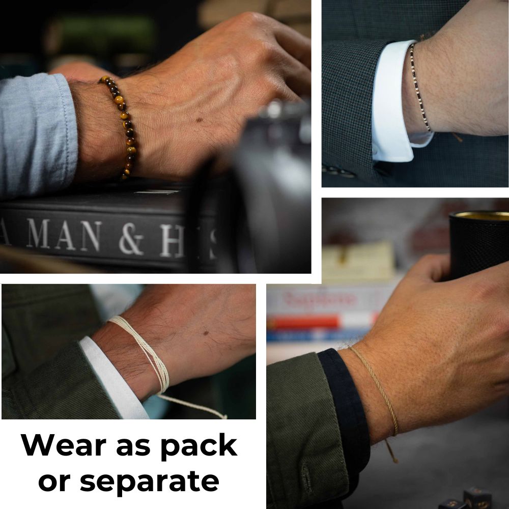 tiger's eye bracelet pack for men shown on individual wristshots to wear as a pack or separate.