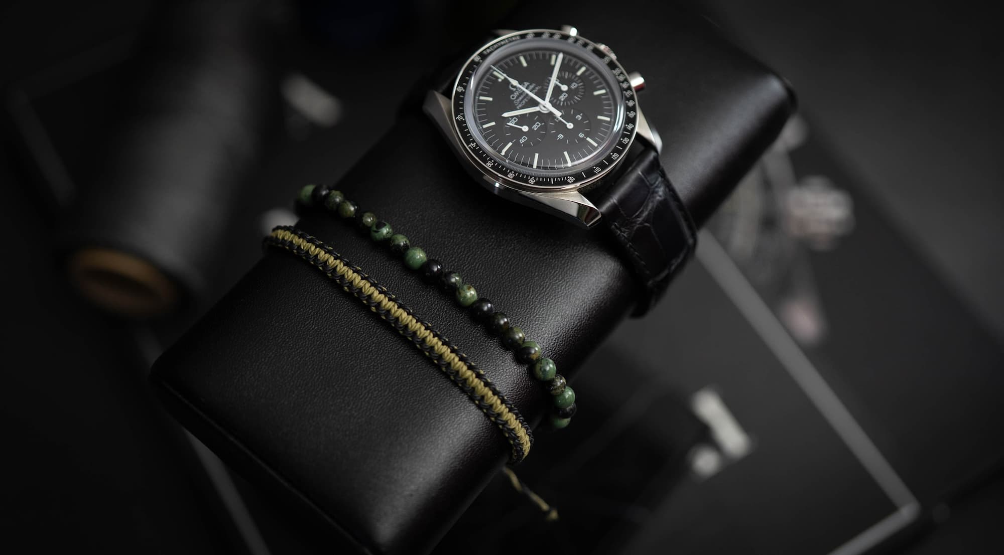 moss agate bracelet with omega speedmaster watch