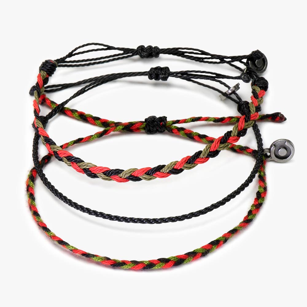 A set of three woven bracelets with a camouflage pattern in black, red, and green, featuring a gunmetal charm.