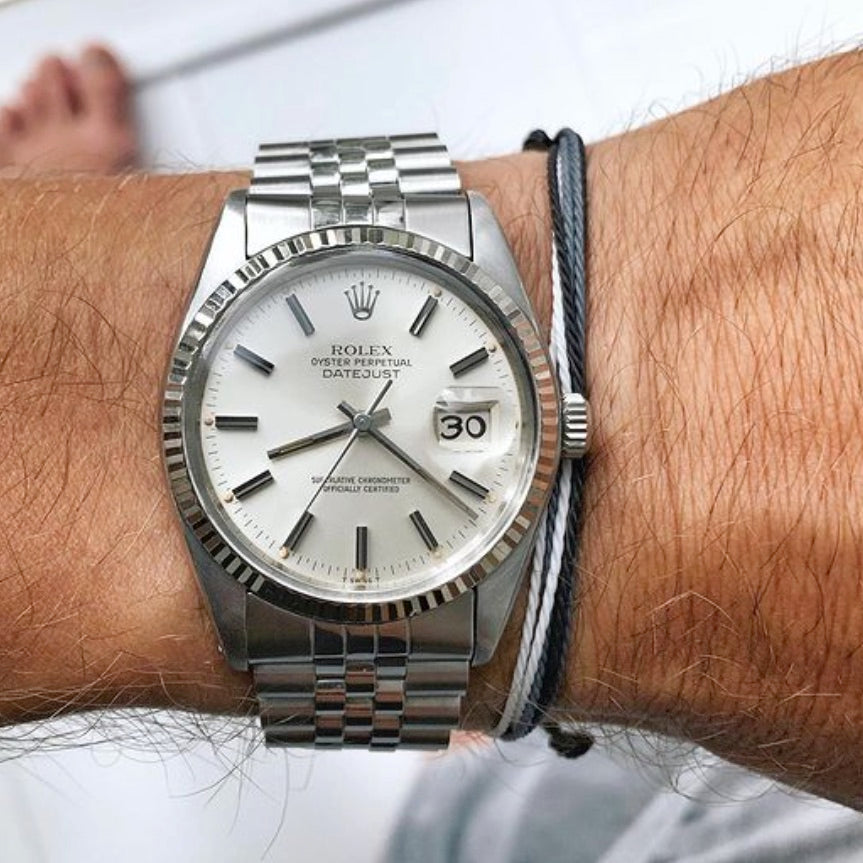 james bond string bracelet next to rolex datejust