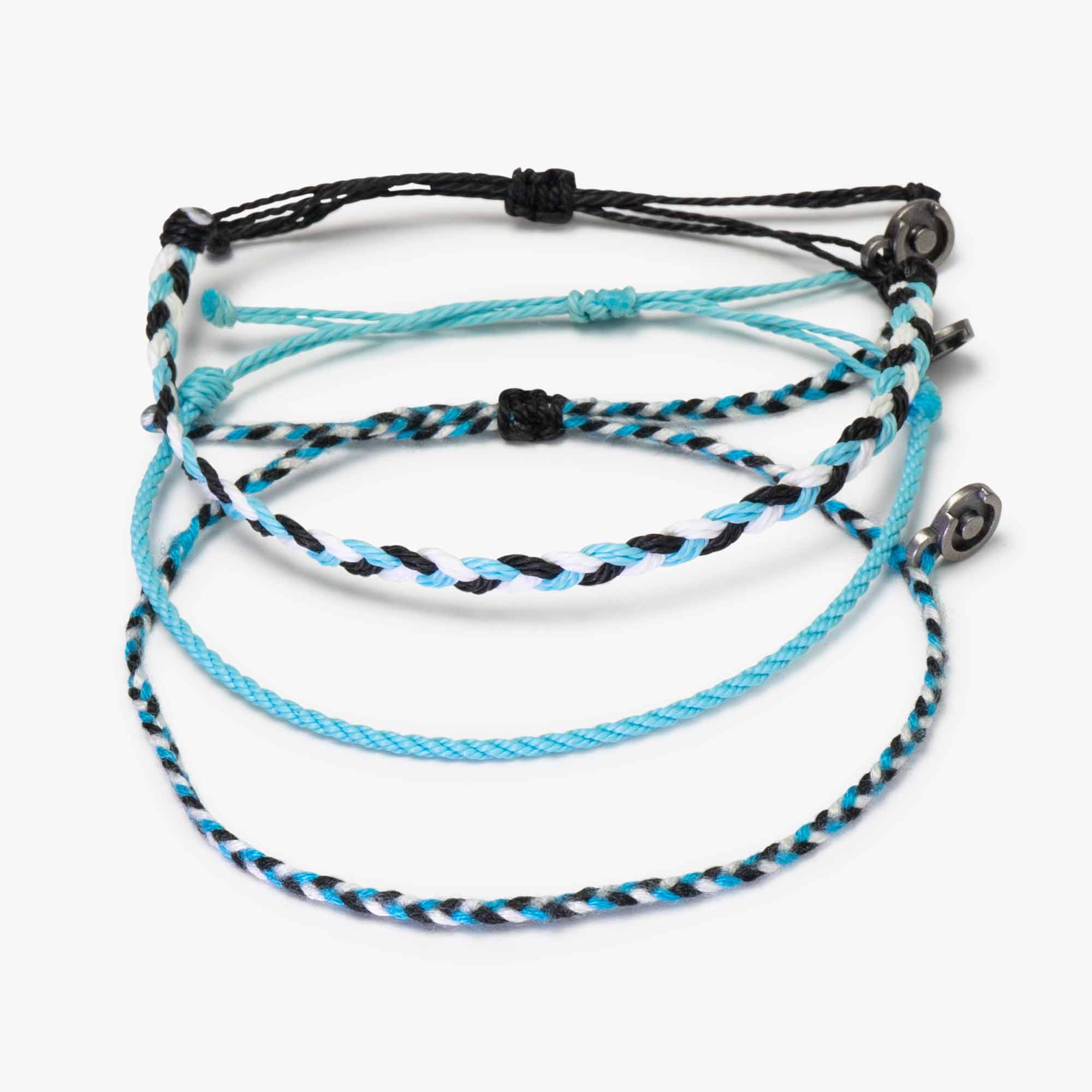 Three wax-coated polyester bracelets with gunmetal charms, displayed in a stacked arrangement with varied colors of blue and black.