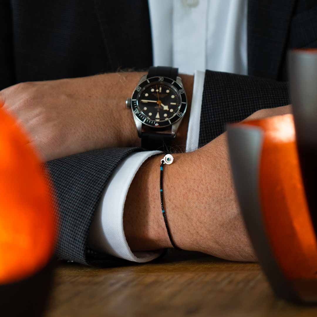 men's beaded bracelet with blue topaz strone