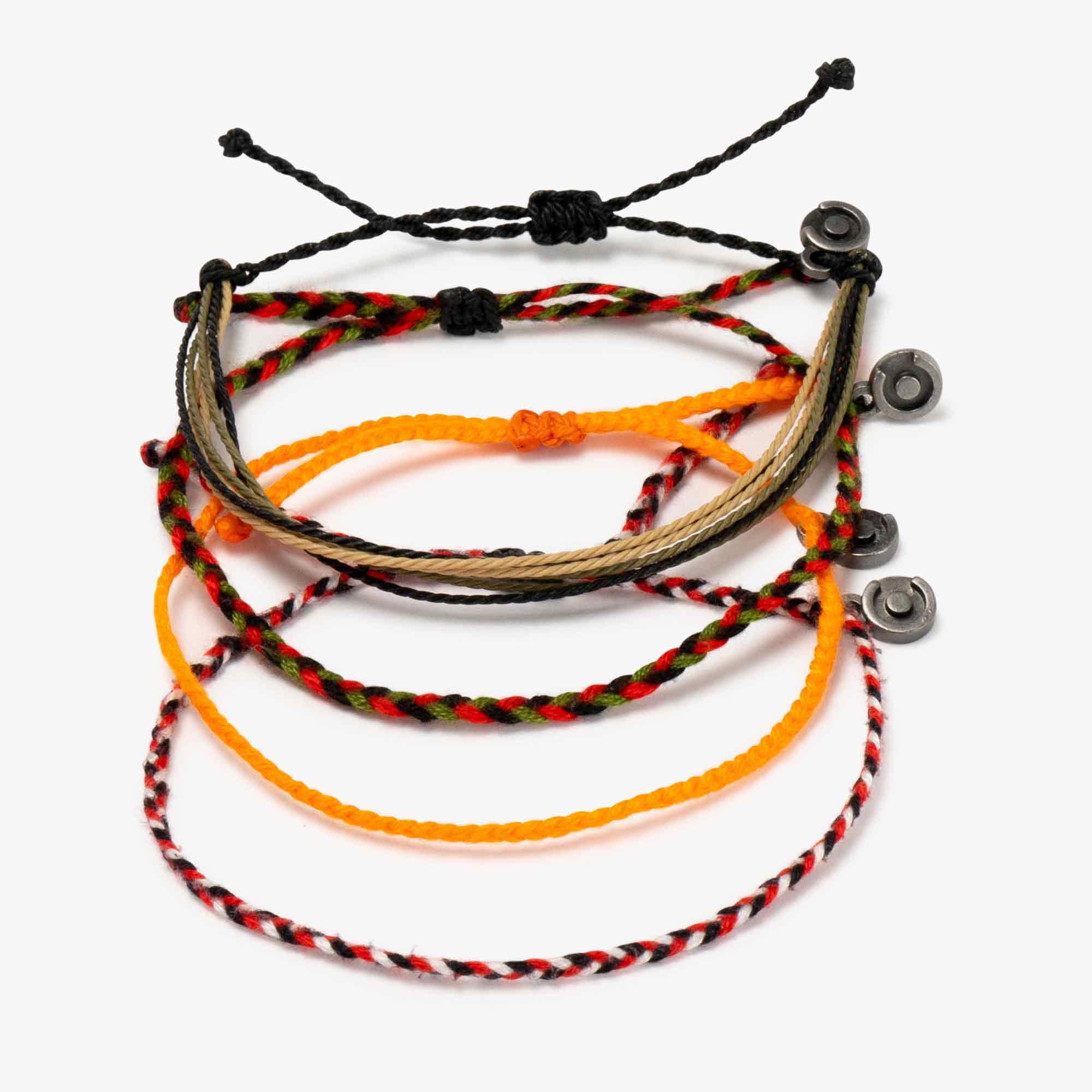 A collection of colorful bracelets in orange, red, and green, made of wax-coated polyester, displayed against a white background.