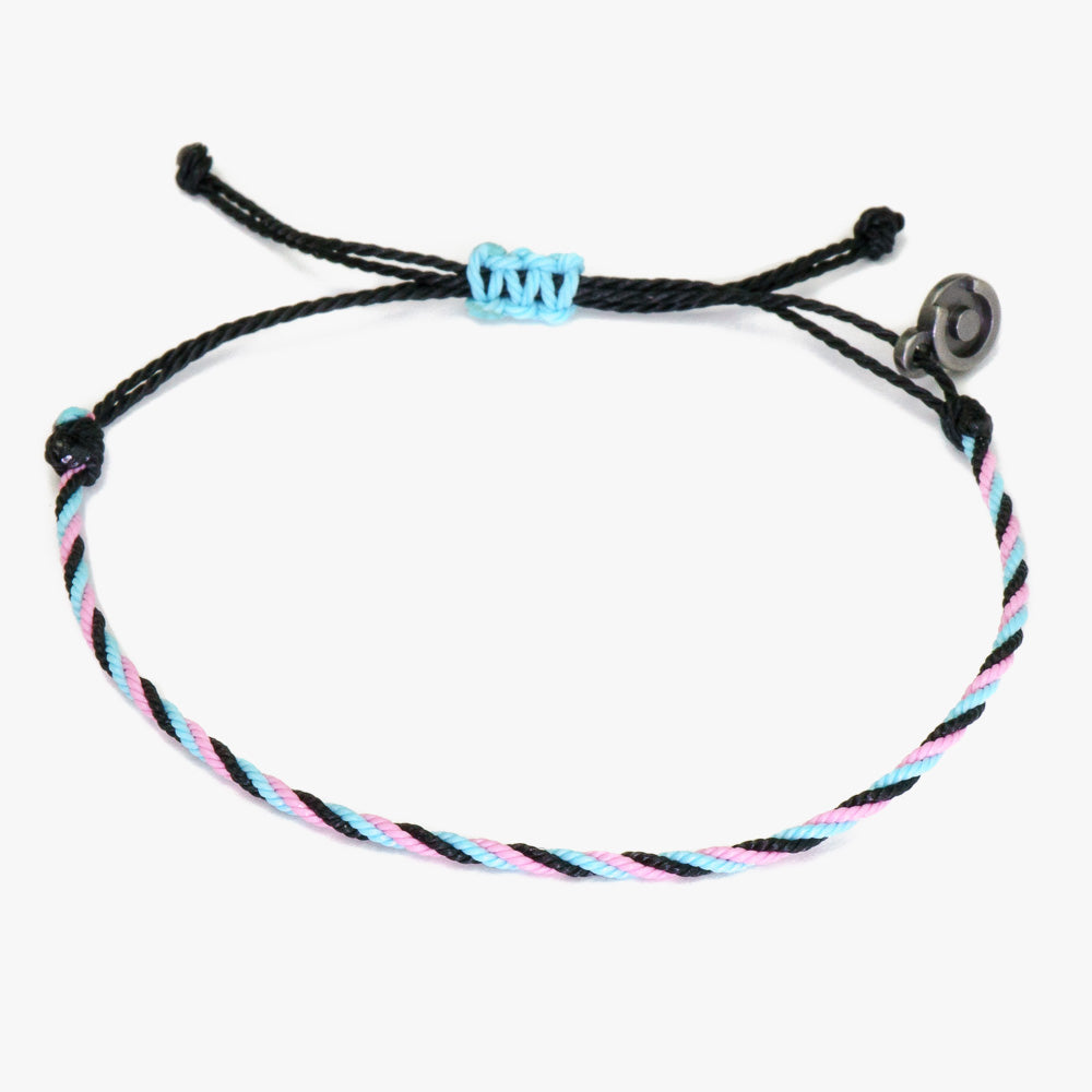 A twisted wax-coated polyester bracelet with black, blue, and pink strands, featuring a gunmetal power pose charm, displayed against a white background.