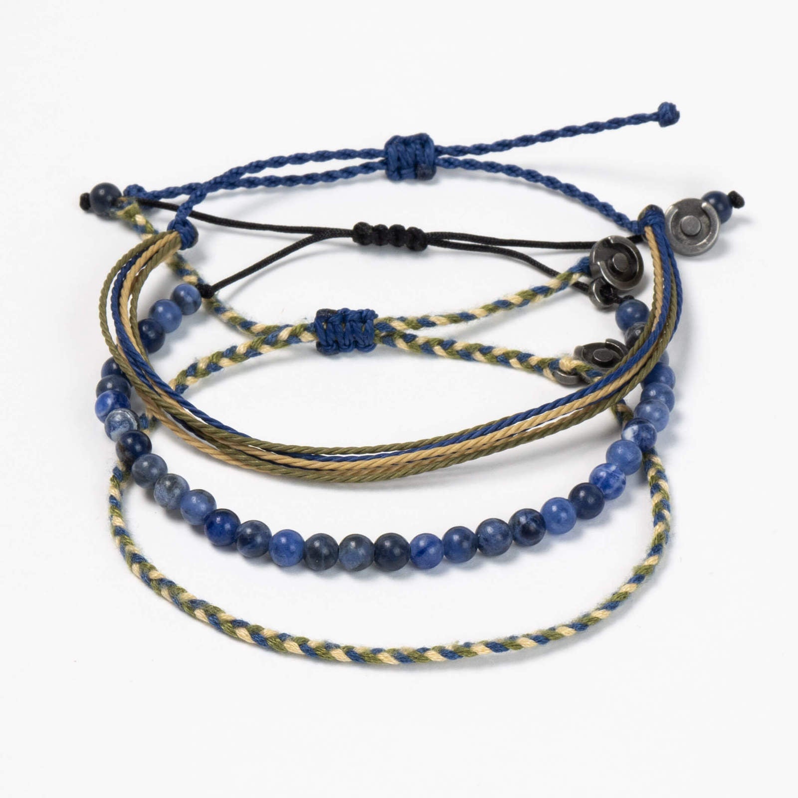 A set of three bracelets with blue sodalite natural gemstones and wax-coated polyester, featuring earthy colors and handmade from Amsterdam.