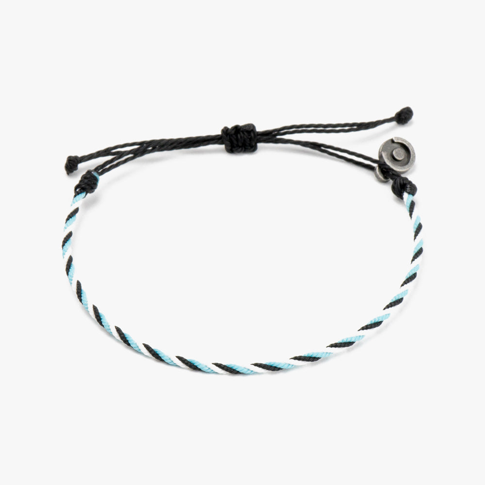 A two-tone twisted bracelet with black and blue colors, featuring a charm, and an adjustable black cord.